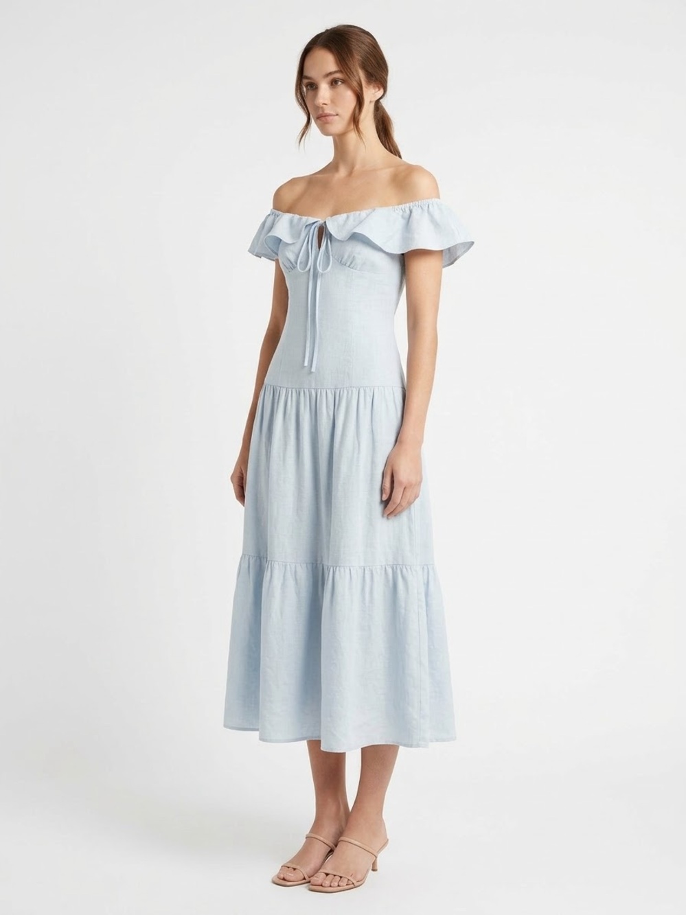 SABO SKIRT Light Blue Cotton Ruffle Off Shoulder Midi Dress Small